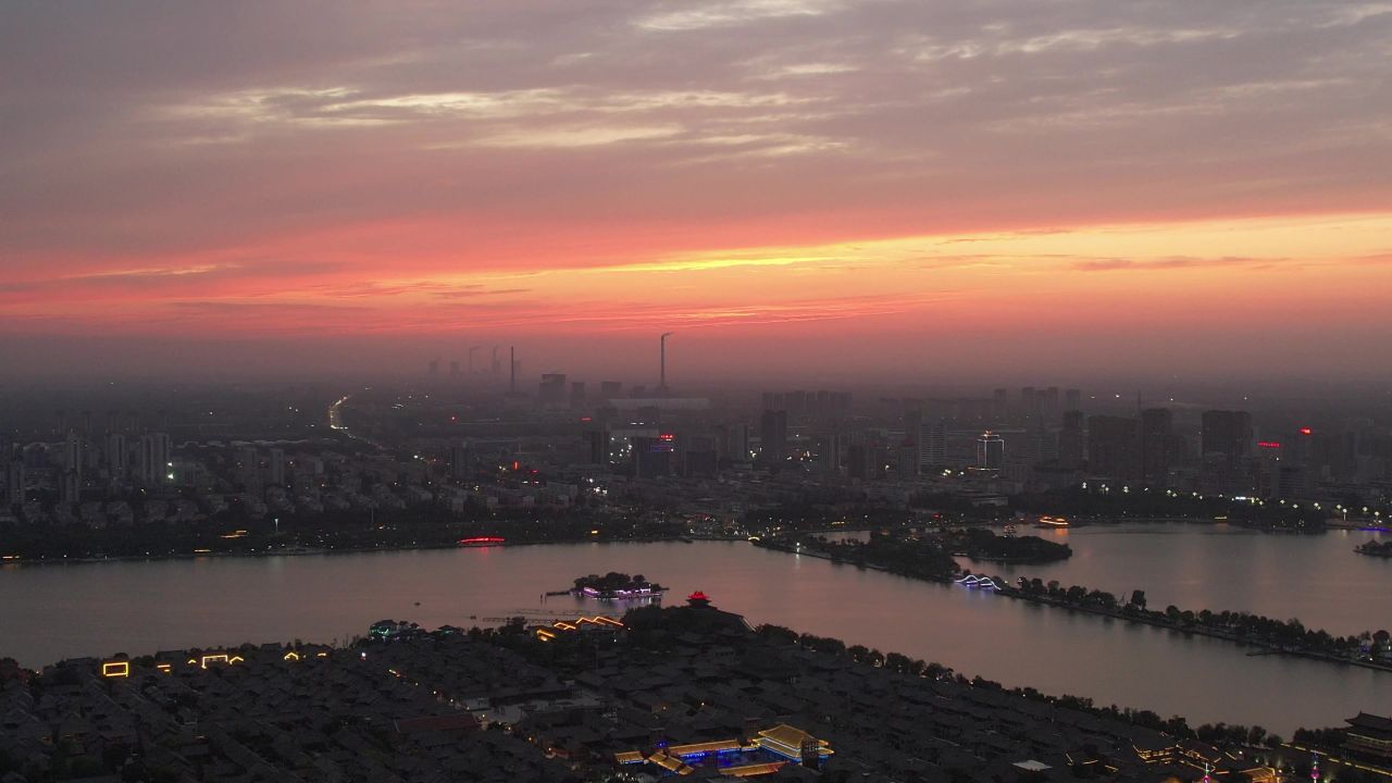 中华水上古城夕阳晚霞火烧云夜景降临山东聊城  