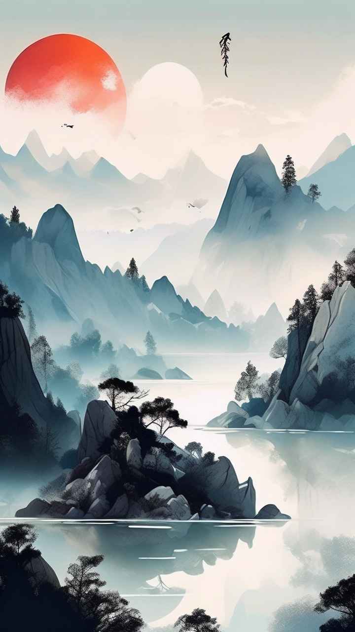 国风水彩画山水风景插画 96
