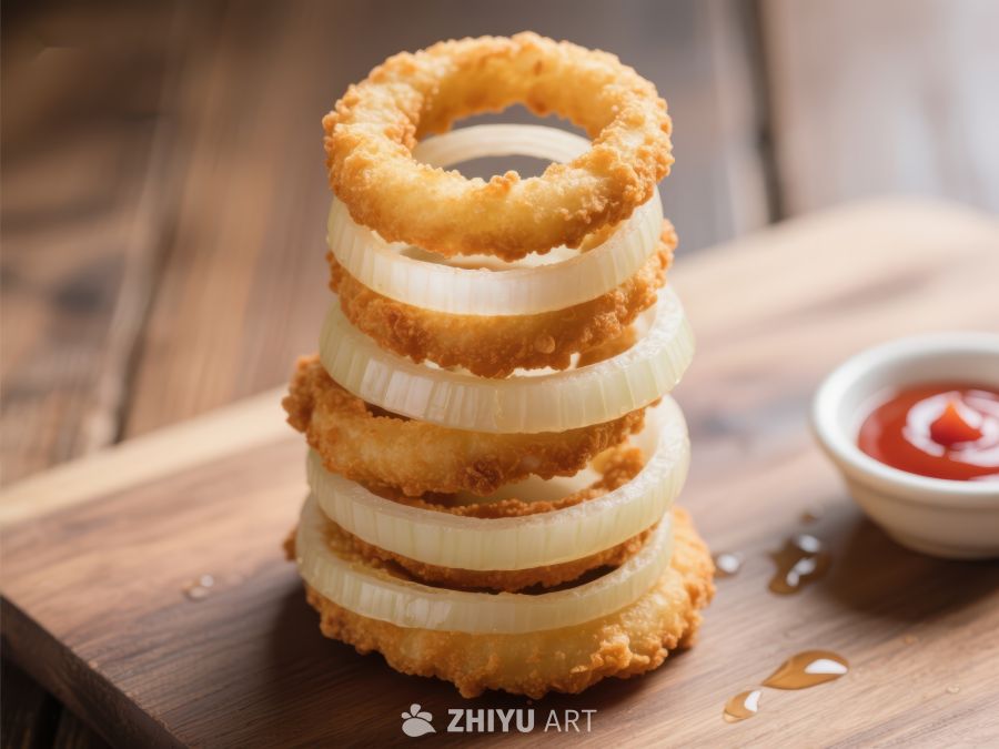 金黄酥脆的洋葱圈叠放