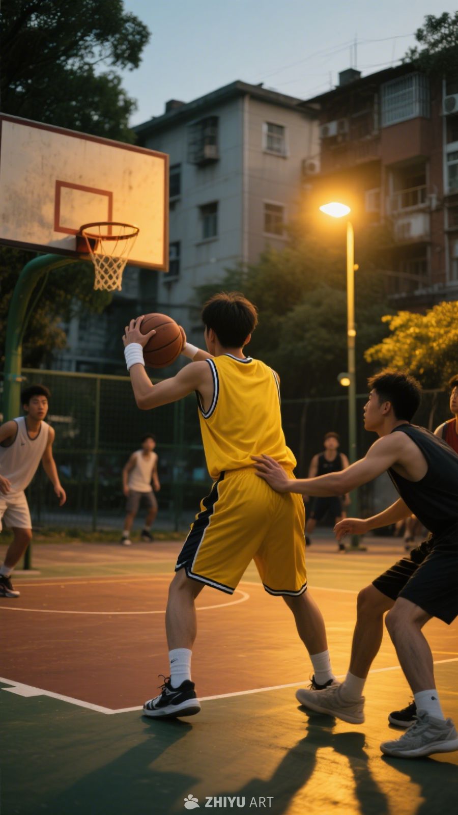 傍晚打篮球场面、男生打篮球 6