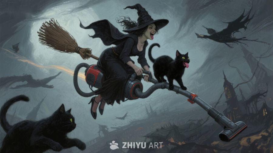 巫师骑吸尘器与黑猫飞翔