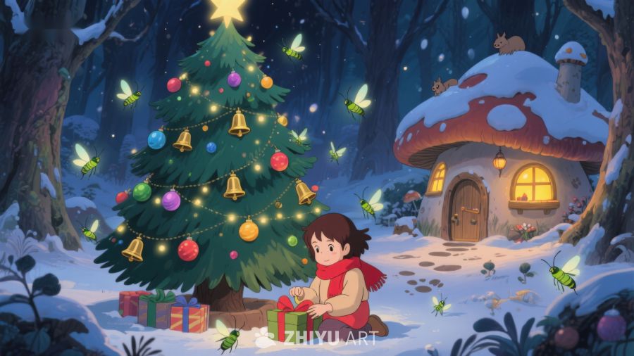 雪夜森林中的圣诞树与小屋 394