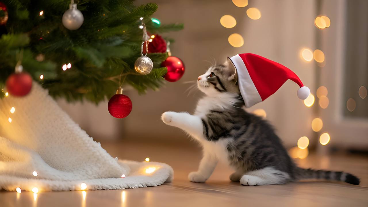 一只小猫戴着一顶红色圣诞帽，正用爪子去抓圣诞树上的