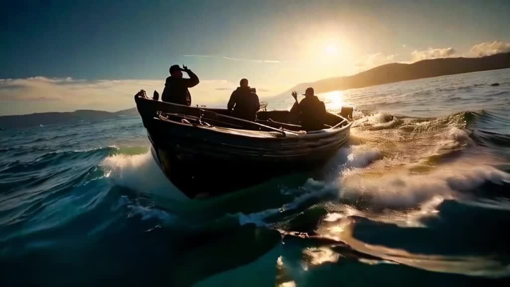 三个人跪在一艘漂流的船内，他们的手举起来，海面上有
