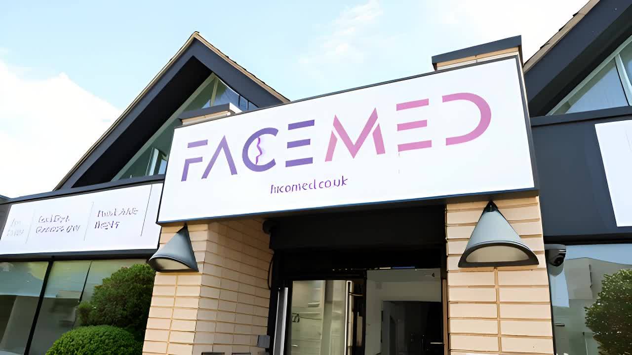 一个建筑物的正面，上面有一个带有FACEMED字样