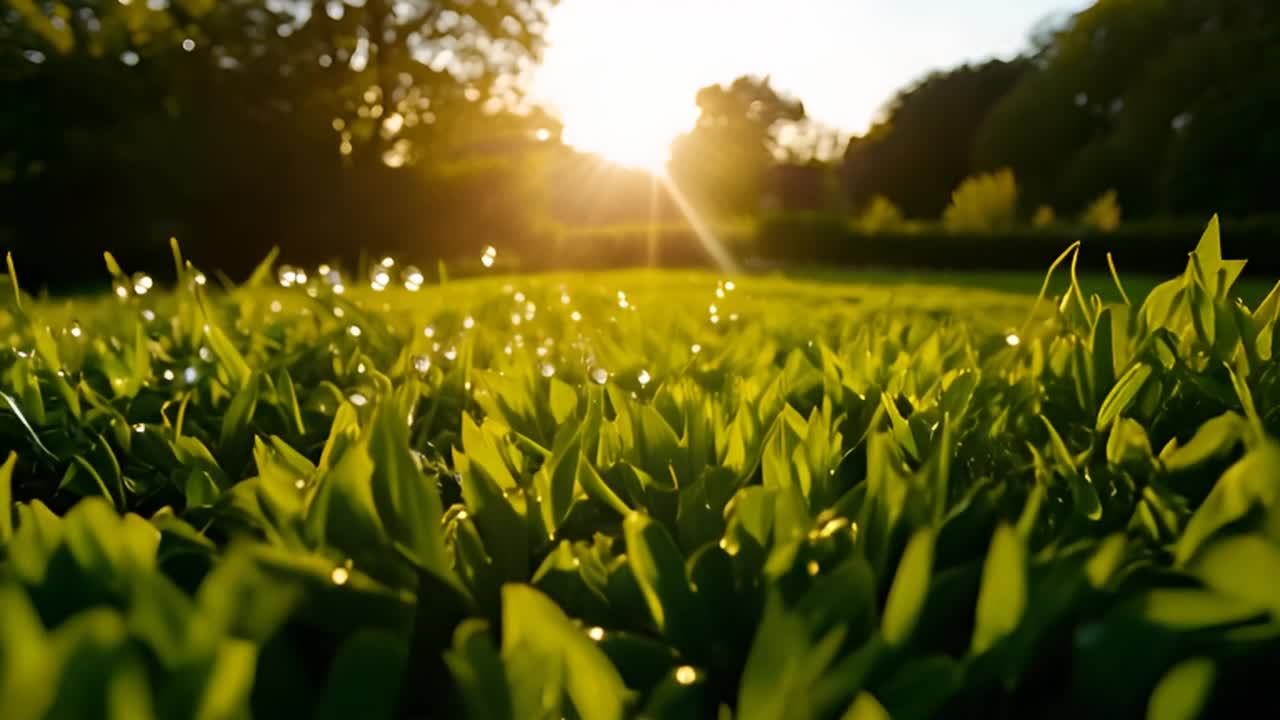 阳光透过树叶洒落在绿油油的草地上，露珠在叶片上闪烁