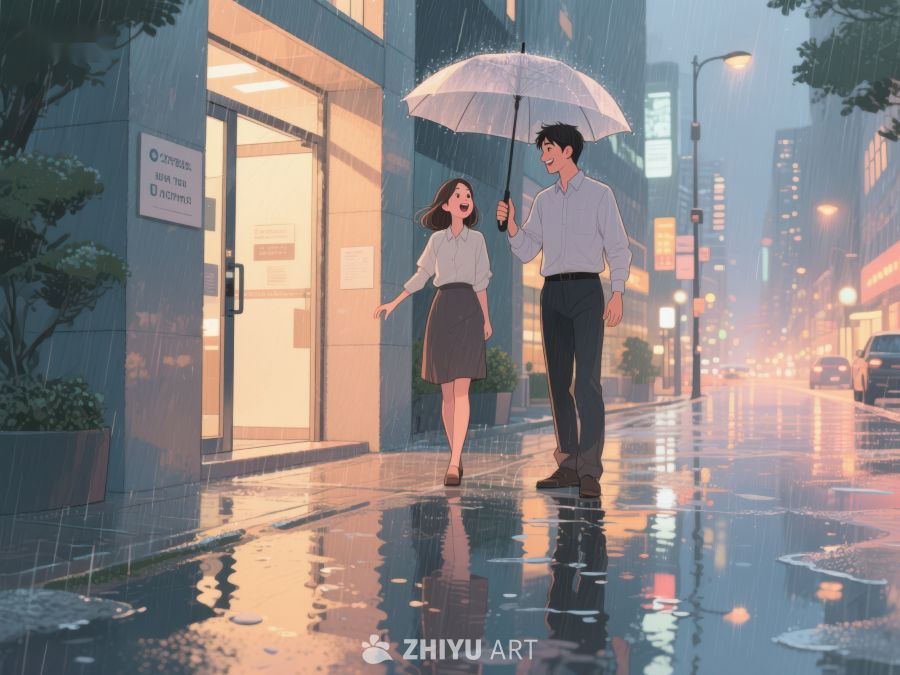 雨夜街头，伞下情侣漫步 1051