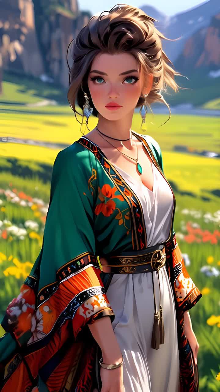 一名女性，穿着绿色和橙色的带图案的外套，内搭白色长