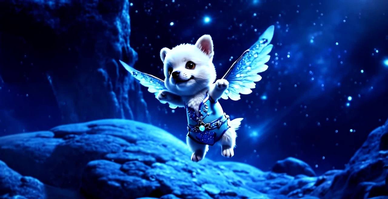 星空下蓝色翅膀古装小狗飞行