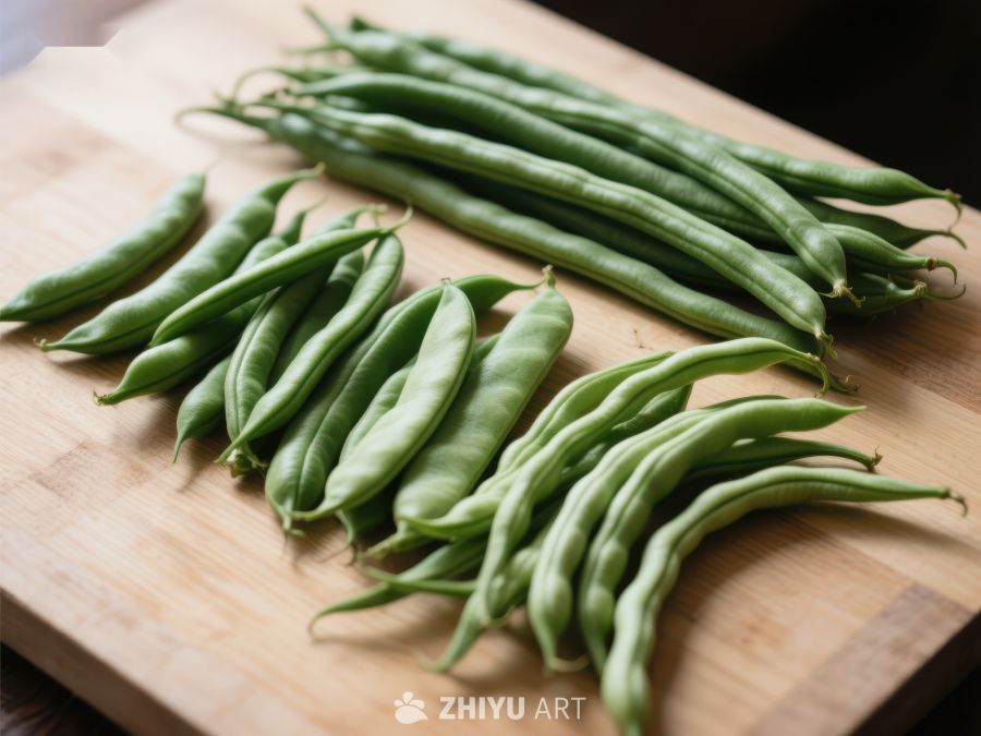 新鲜绿色豆角整齐排列在木板上 472