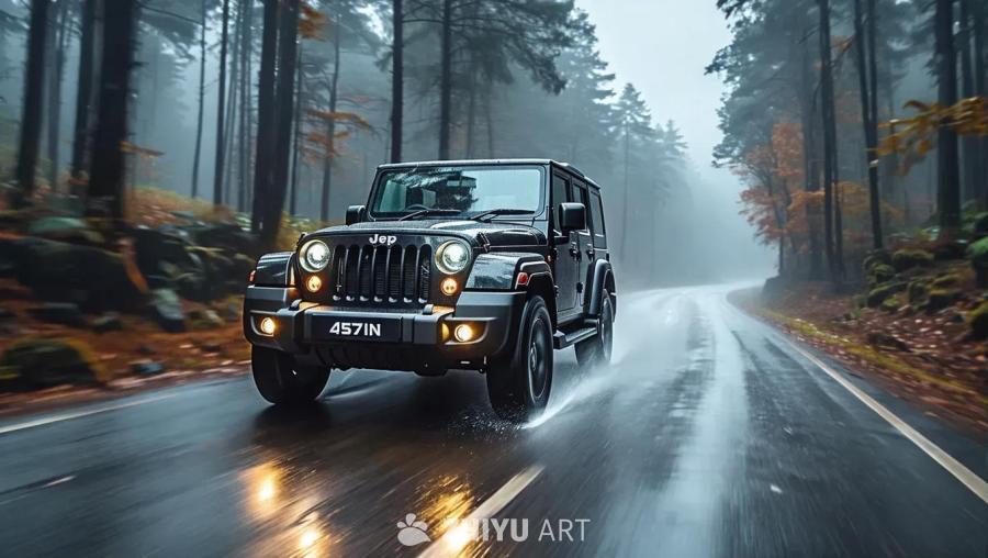 一辆黑色的 Mahindra Thar 行驶在雾气