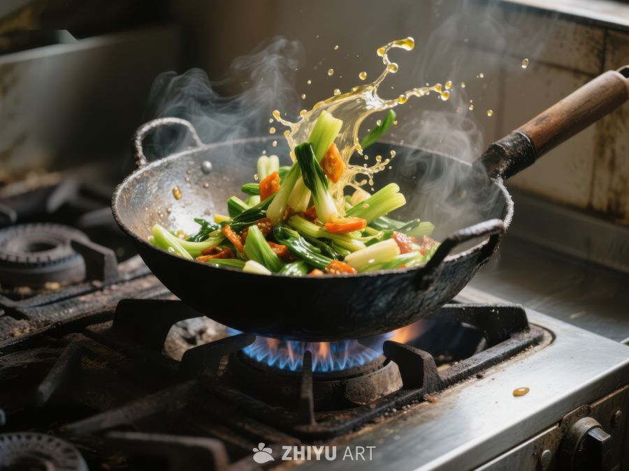 热锅快炒蔬菜，蒸汽四溢 478