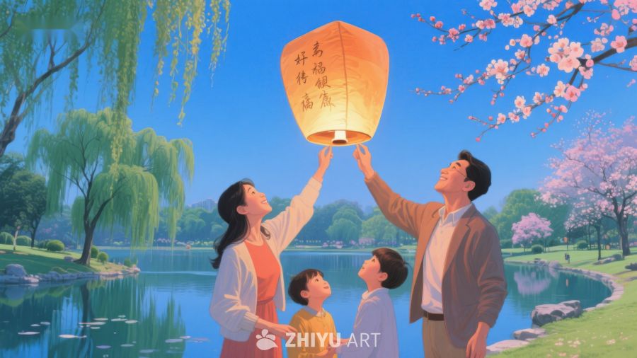 家庭放飞孔明灯，共赏春日美景 442