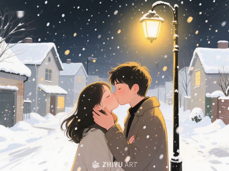 雪夜街灯下的浪漫亲吻 900
