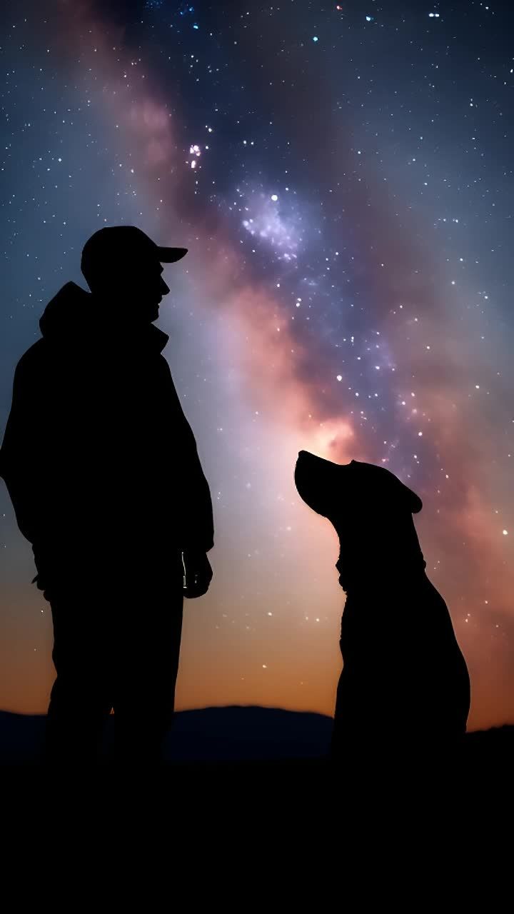 一人一狗以白色轮廓剪影的方式站在星空背景下。天空布