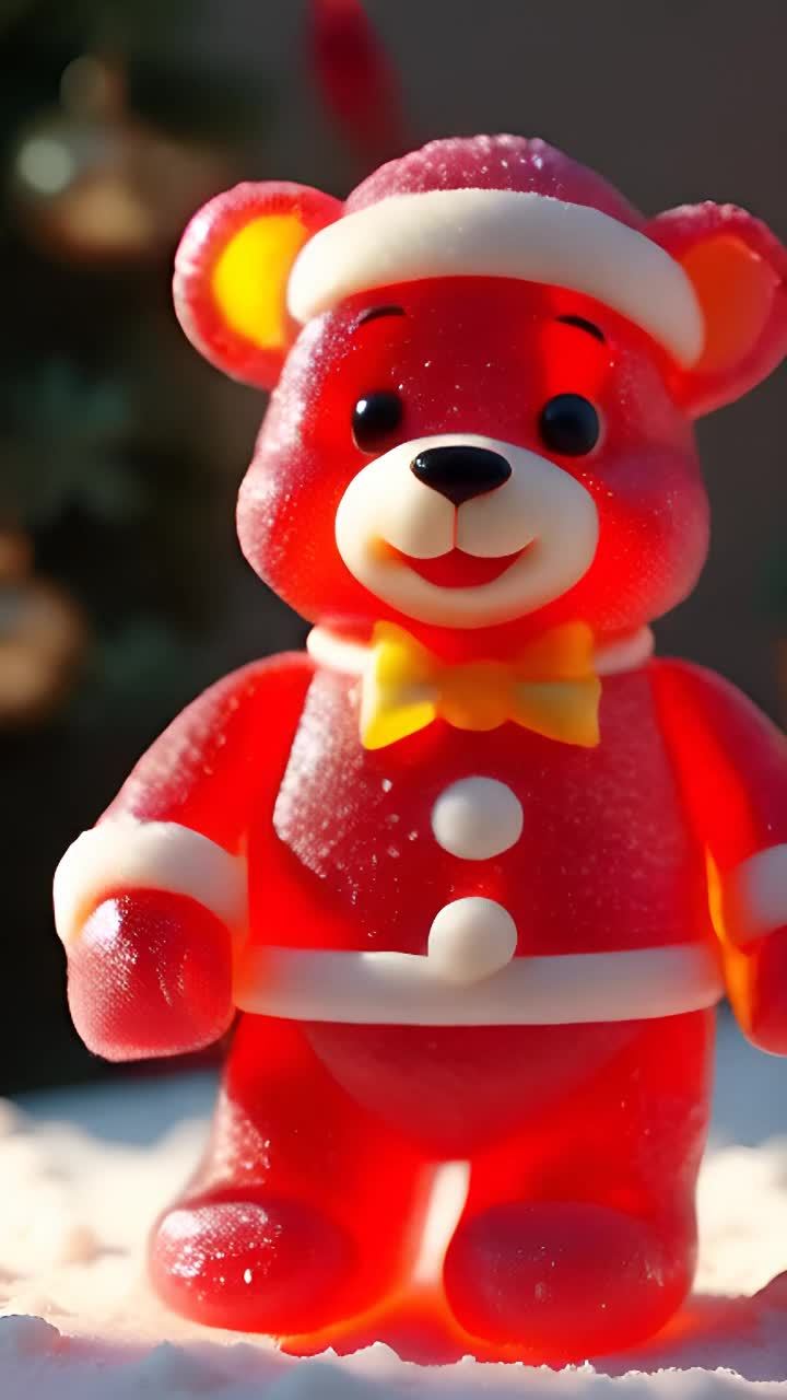 一只红色小熊穿着圣诞老人的帽子和服装，戴着一个黄色