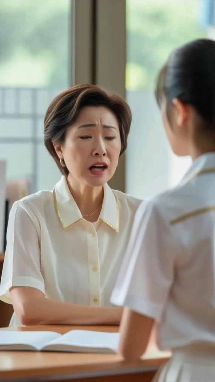 一个女人正在与对面的人对话，她身穿米色衬衫，戴着金