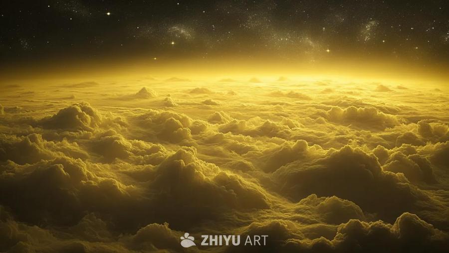 金星的上层大气，由硫磺酸构成的浓密的积云层，在泛黄