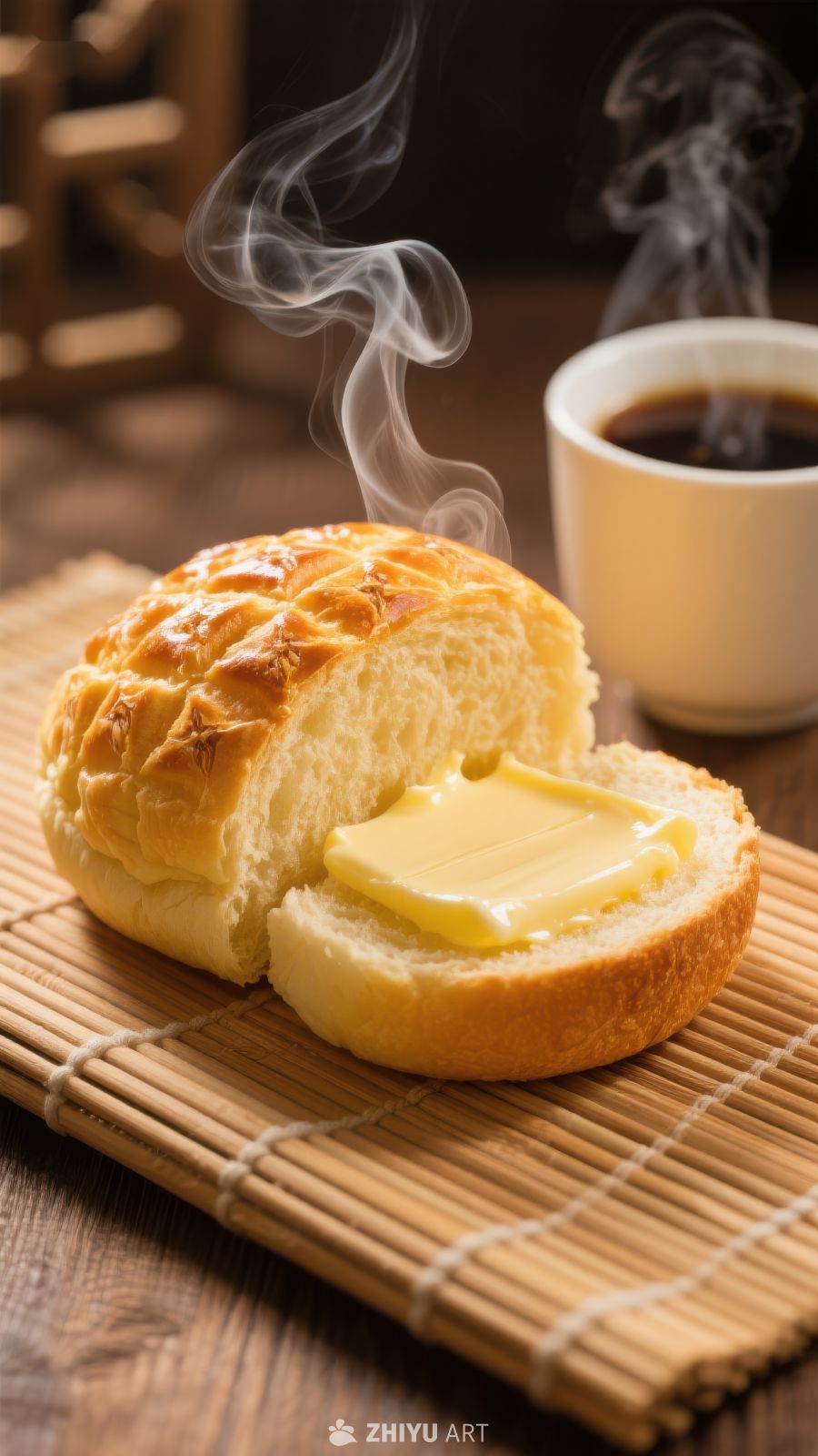热腾面包配黄油与咖啡
