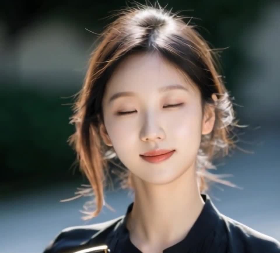 棕发微笑女性面部特写，阳光照射下的黑衣。