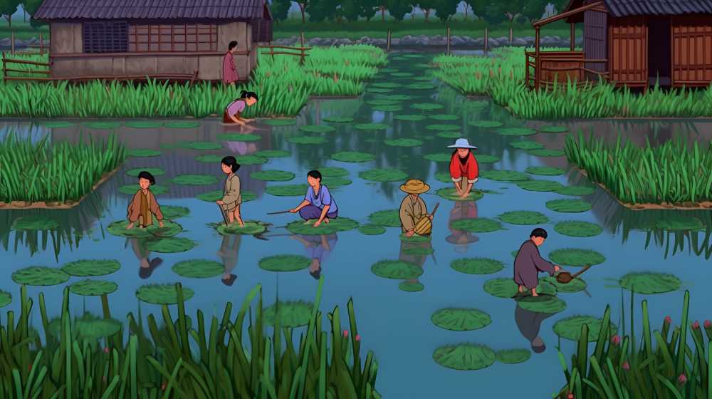 小学生在学校的池塘里种水稻