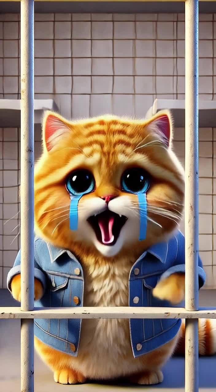 一只穿着牛仔夹克的橙色猫，被困在栏杆后面，左右踱步