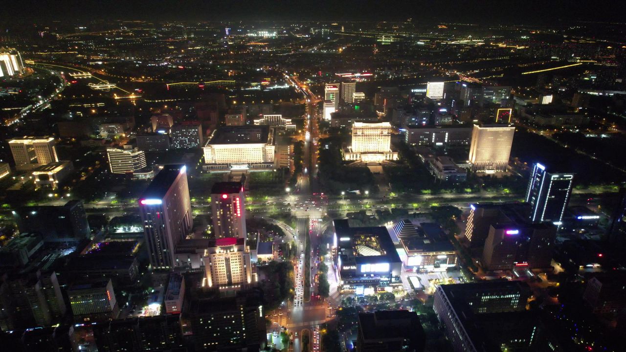 河南郑州城市夜景灯光航拍