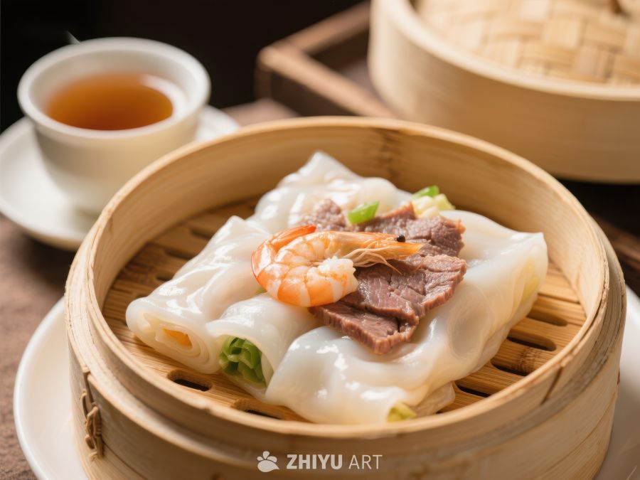 蒸笼中的美味肠粉与茶点 1377