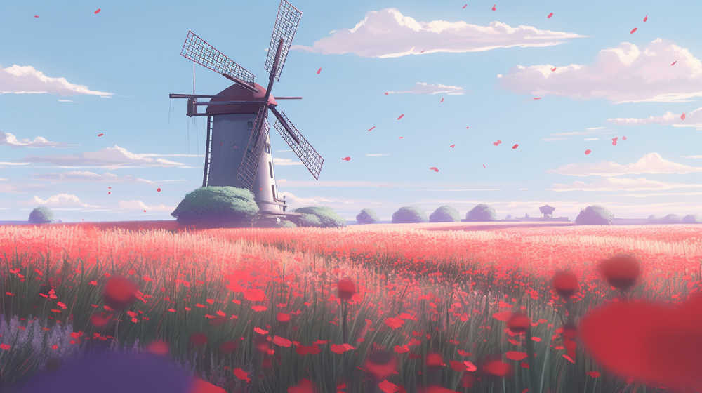 风车插画夏季美景