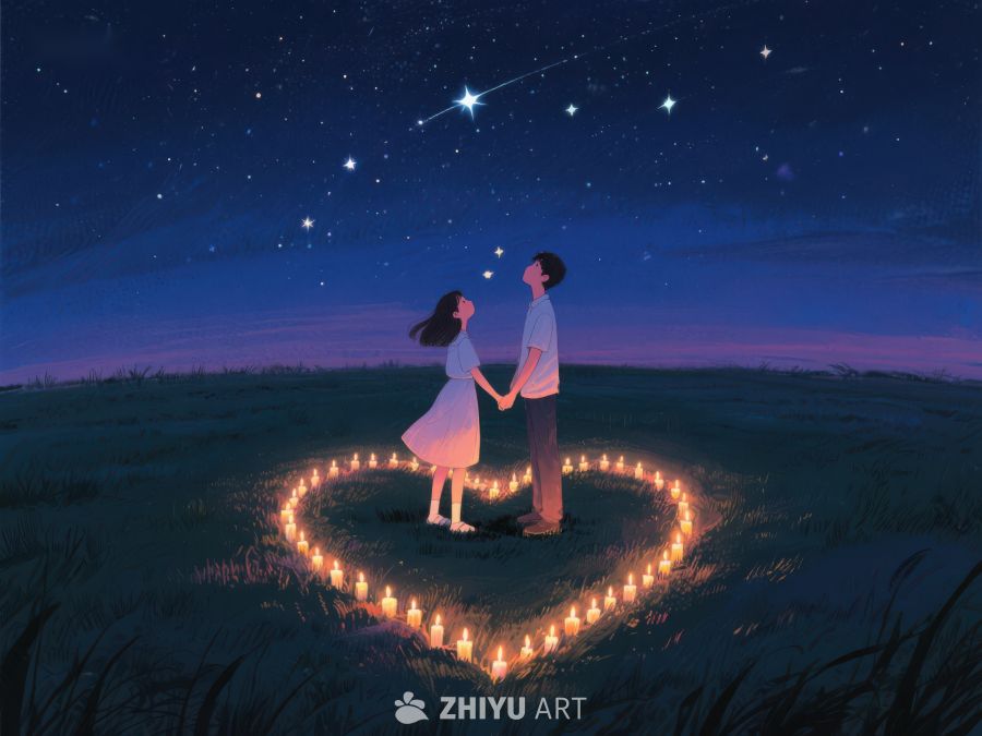 夜空下情侣手牵手站在烛光心形中 1071