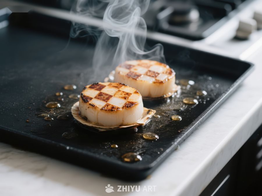 煎锅上的烟熏扇贝