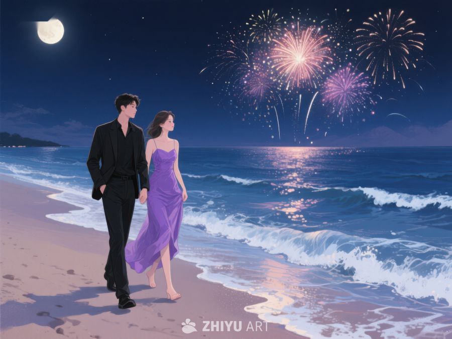 情侣海边漫步，烟花夜空璀璨 503