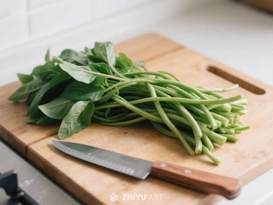 新鲜空心菜置于砧板上 451