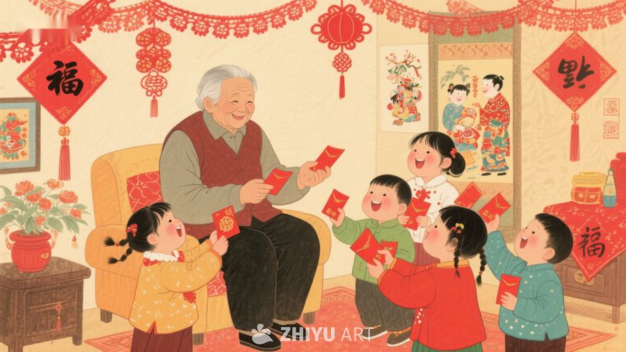 祖辈分发红包，孩童欢庆新年 1264