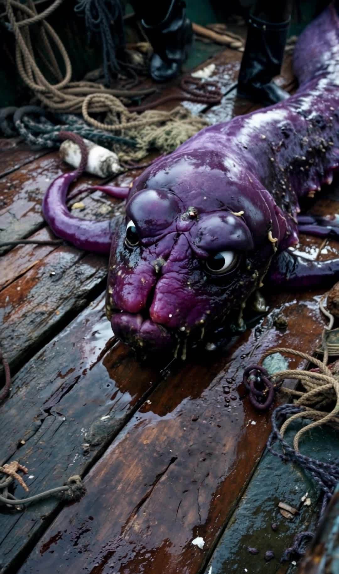渔船上的巨大紫色水母怪：海洋生物的奇异捕获