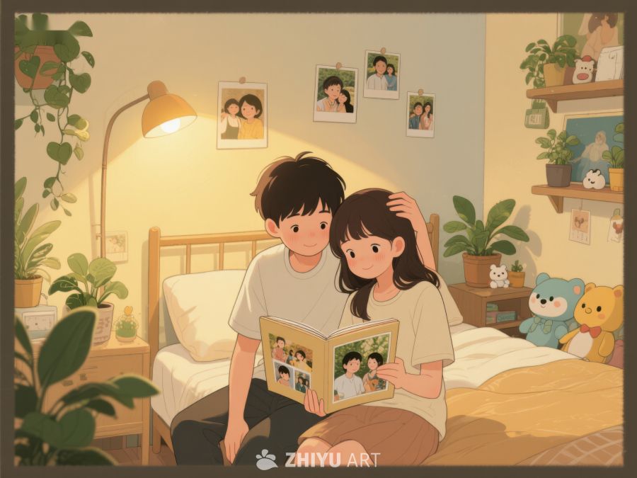 温馨卧室中的一对情侣共赏相册 845