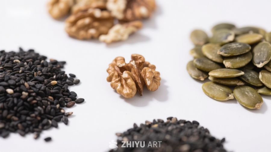 多种坚果与种子的特写展示