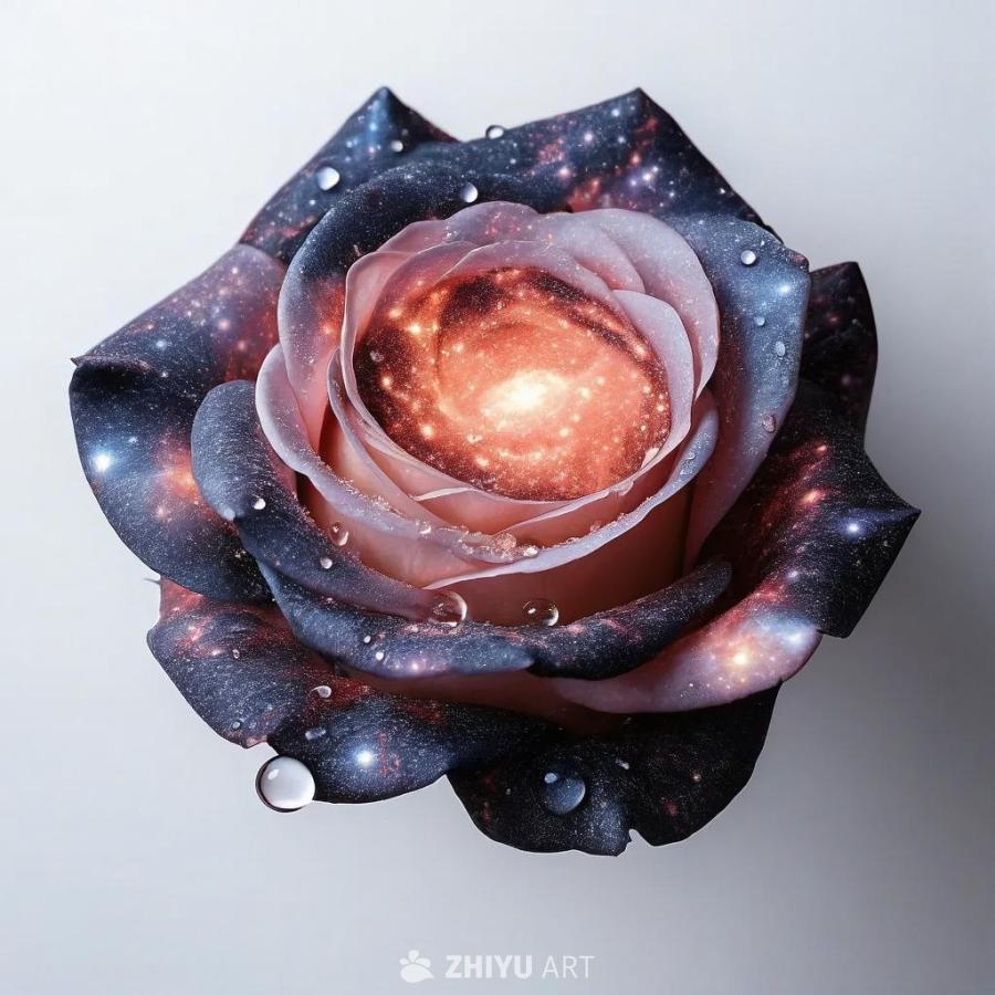 一朵玫瑰，背景为白色。玫瑰内部呈现出星系设计，由太