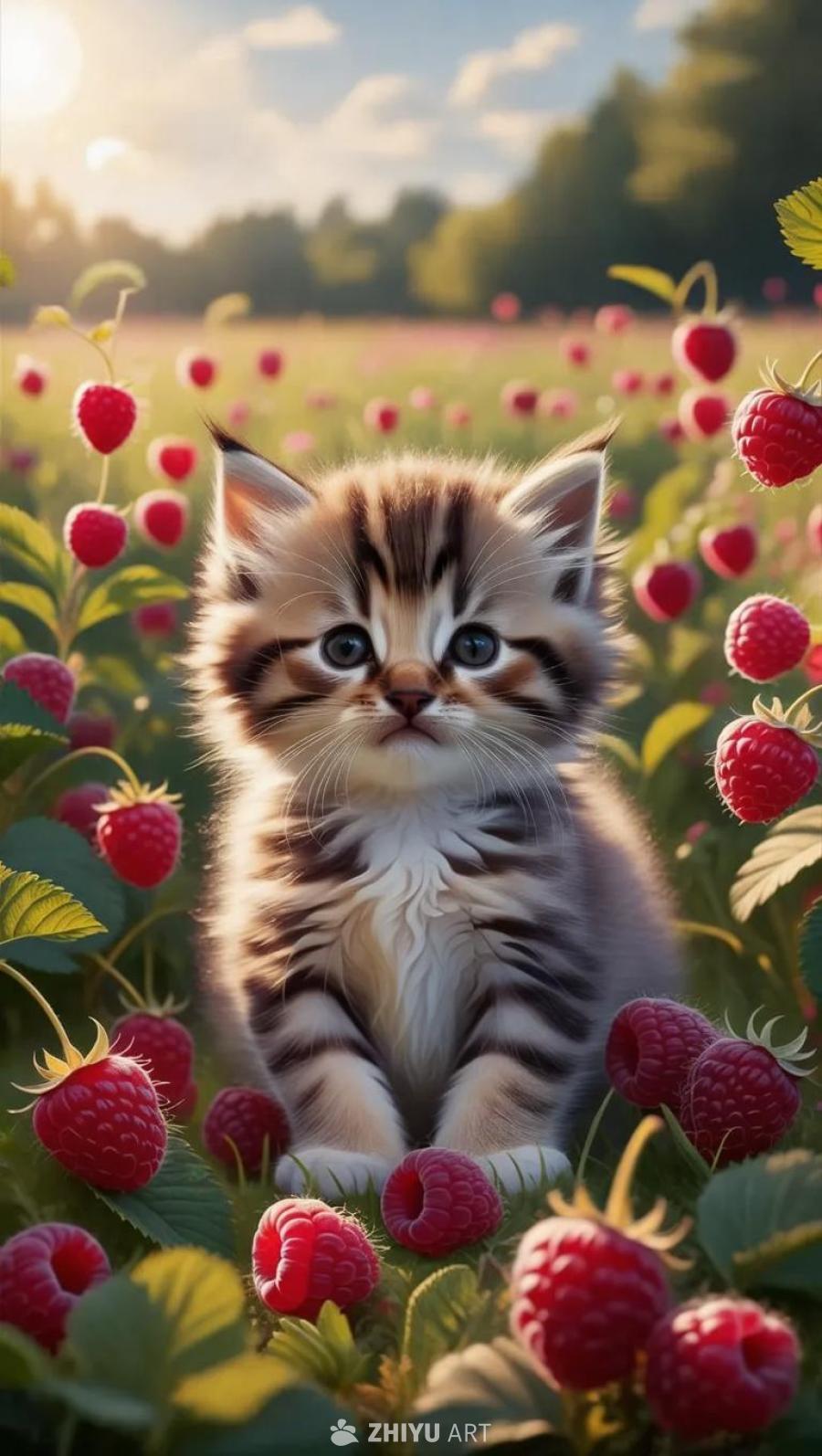 一只毛茸茸的小猫坐在阳光明媚的覆盆子草地上。猫咪的