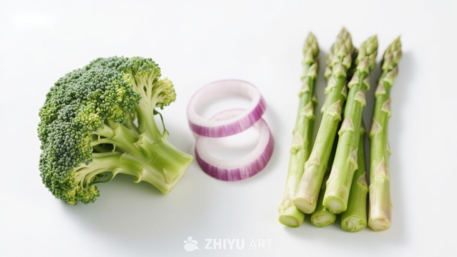 新鲜蔬菜组合：西兰花、芦笋与洋葱
