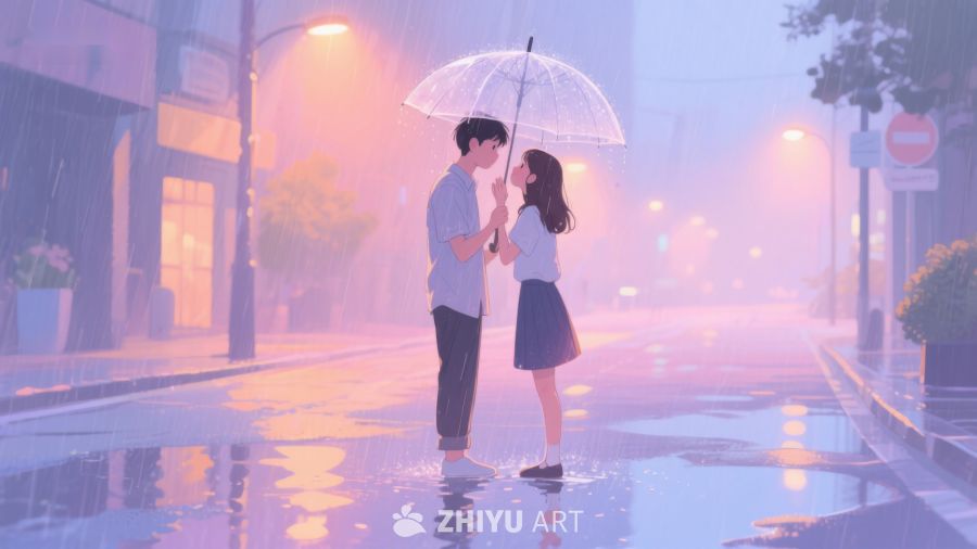 雨中情侣共撑伞温馨场景 633