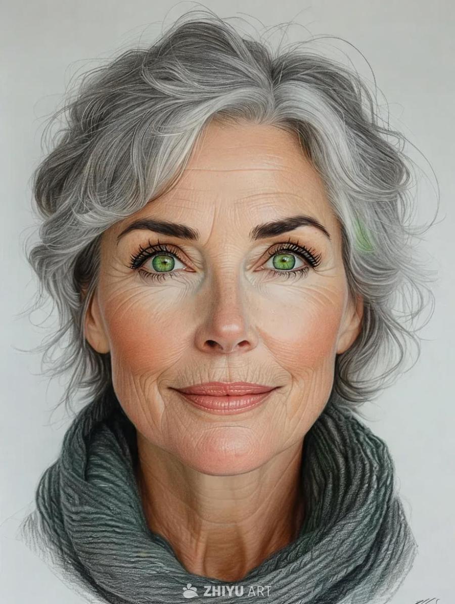 一位中年女性的彩色铅笔画肖像，背景是白色。她有着绿