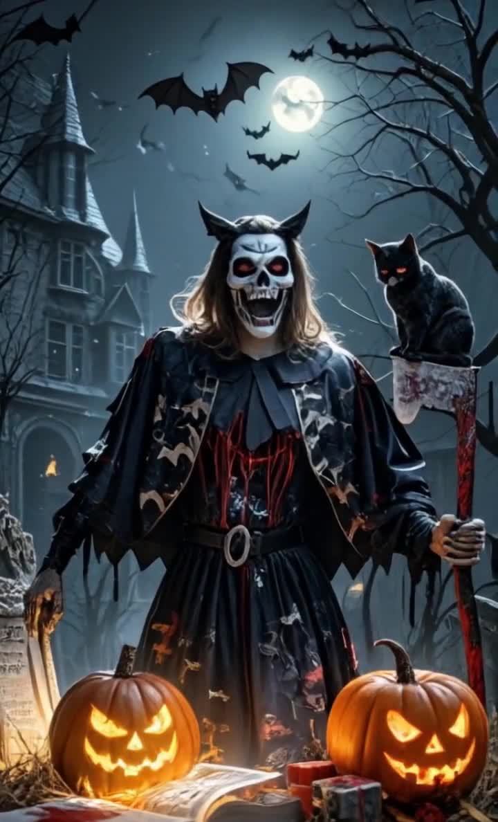 戴骷髅面具的神秘人与南瓜灯、黑猫的万圣节