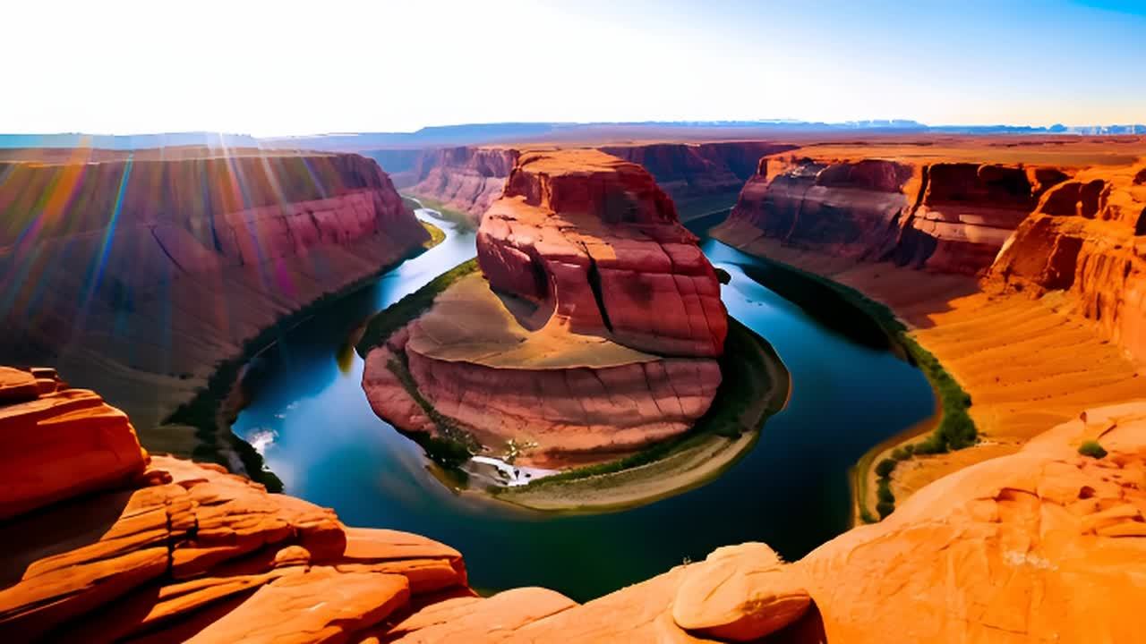 一个弯曲的科罗拉多河，周围环绕着红色的岩石峭壁，呈
