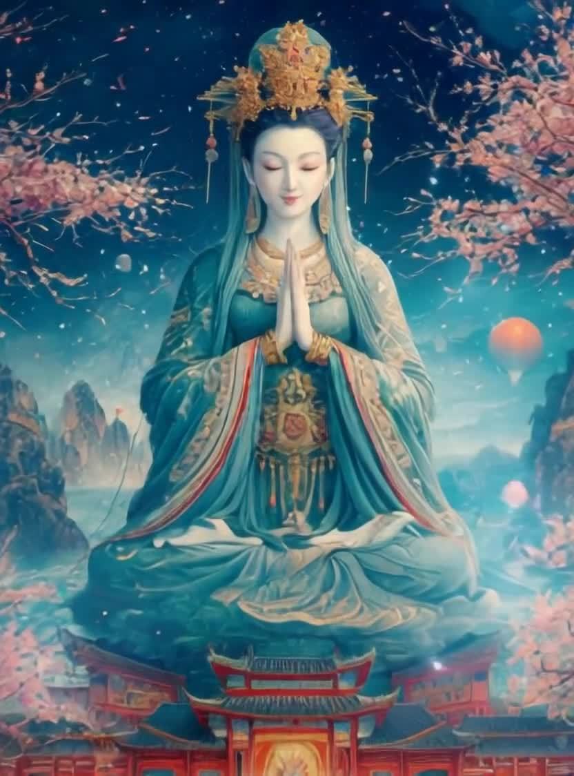 桃花树下冥想女神，红楼人群祈福夜空灯笼