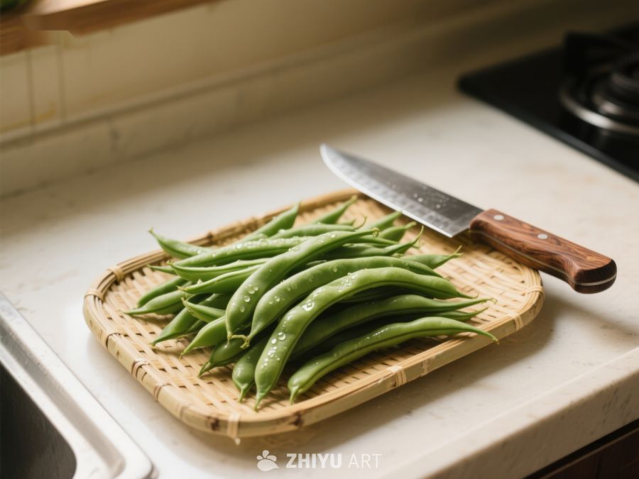 新鲜四季豆与刀具置于竹篮 533