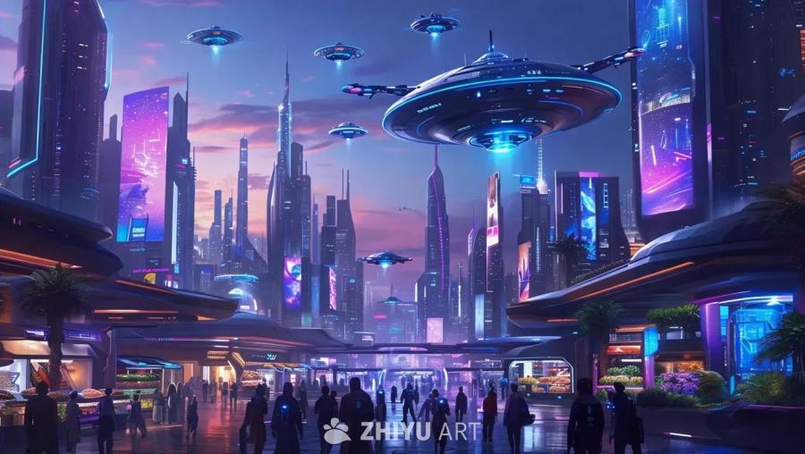 霓虹灯照亮的未来都市，以蓝色和紫色为主色调，高耸的