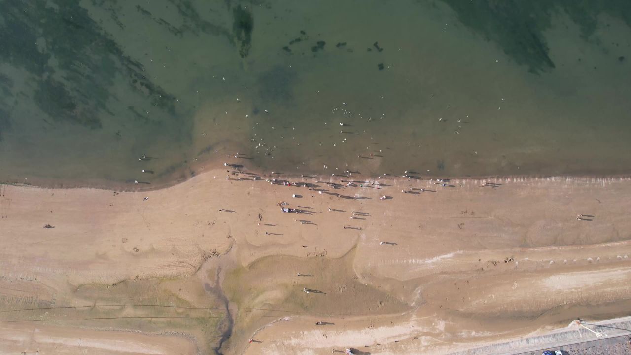 大海海洋沙滩焦石灯塔海岛海浪航拍 