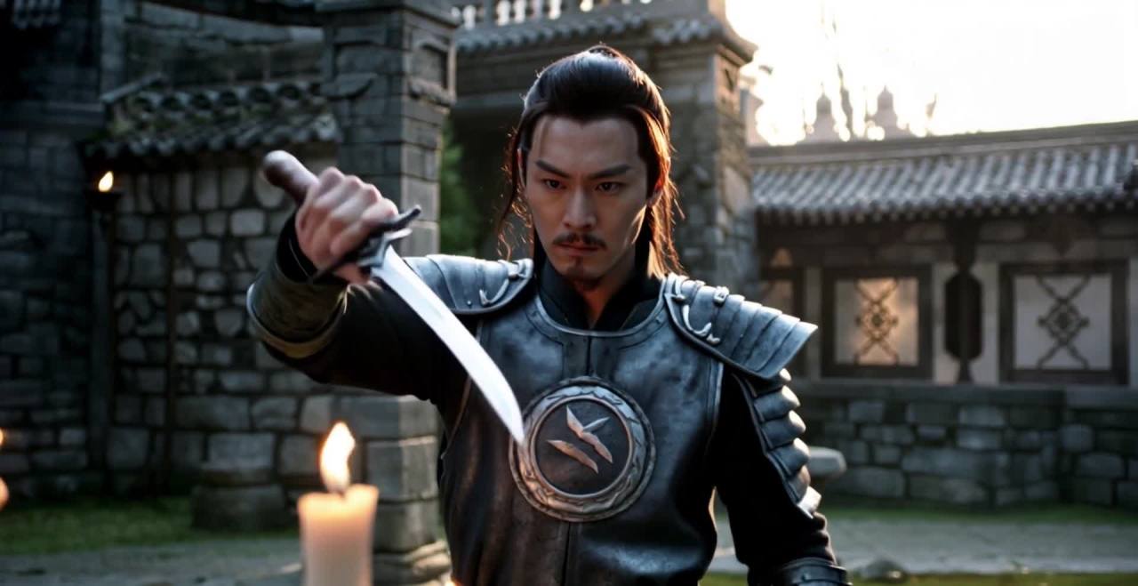 持刀武士庭院练武，烛光映衬，眼神坚定。