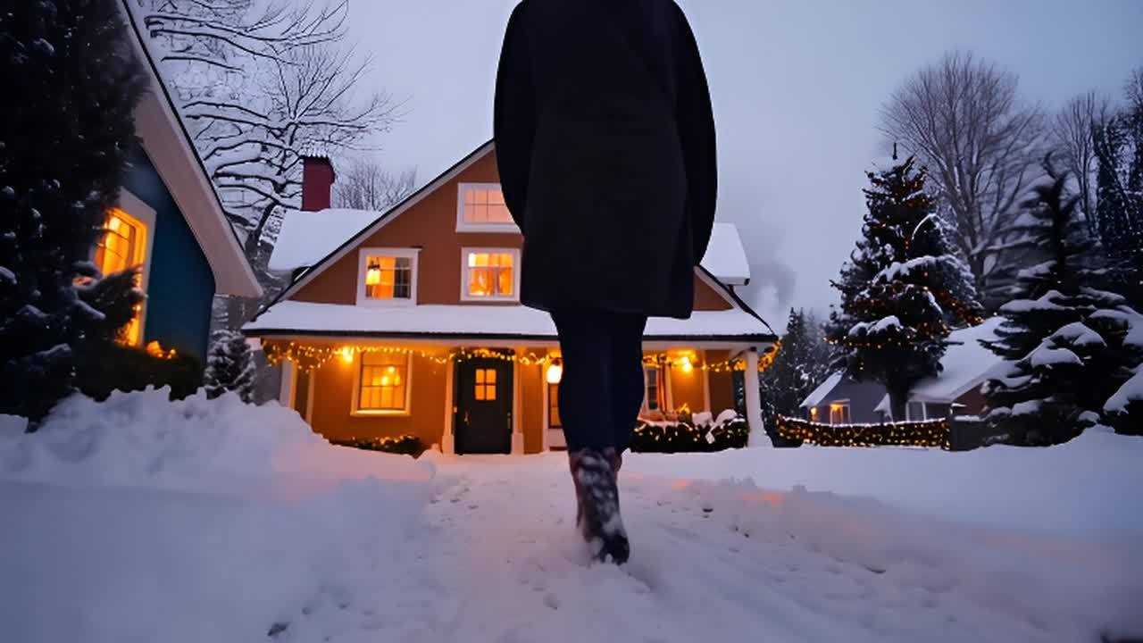 雪覆盖的小径通向一座温暖的房子。房子的窗户透出黄色的光芒，门前装饰着彩灯。一个人穿着黑色的外套和带有图案的靴子，正在雪地上行走。周围是寂静的夜晚和被雪覆盖的树木，营造出一种温馨而宁静的氛围。